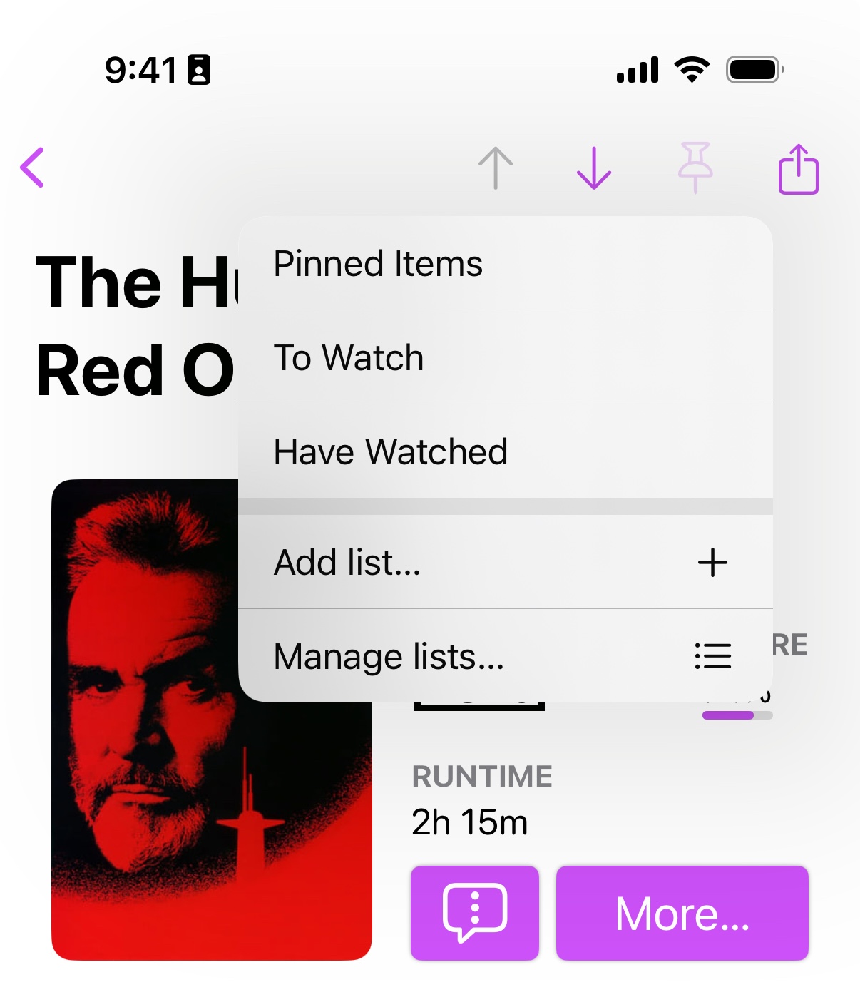Screenshot of a pop-up menu showing the options "Pinned Items", "To Watch", "Have Watched", "Add list…", and "Manage lists…"